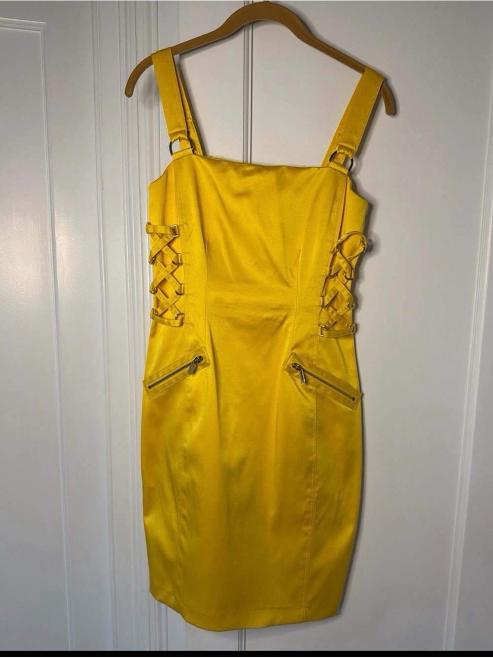 Cache Yellow Lace-Up Sheath Midi Dress